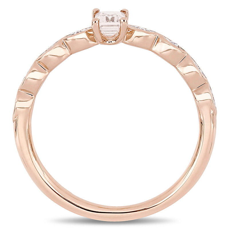 Main Image 3 of Emerald-Cut Morganite and 0.04 CT. T.W. Diamond Art Deco Promise Ring in 10K Rose Gold