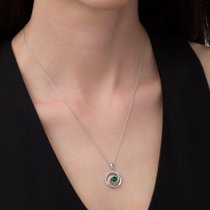 5.0mm Lab-Created Emerald and Diamond Accent Beaded Circular Wave Pendant in Sterling Silver