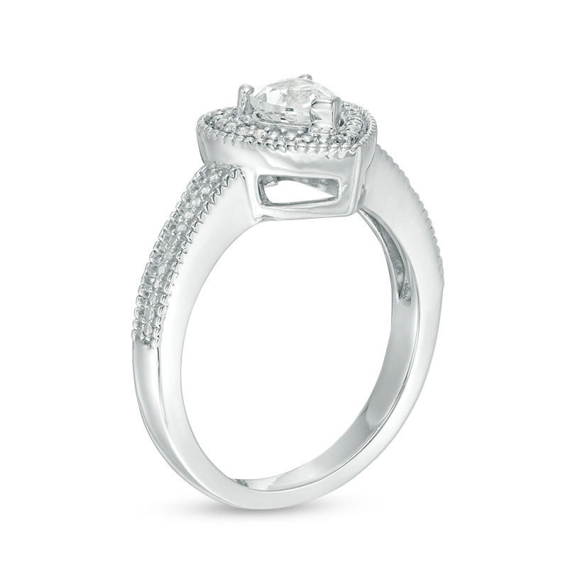 Main Image 2 of 5.0mm Heart-Shaped Lab-Created White Sapphire and Diamond Accent Beaded Frame Vintage-Style Ring in Sterling Silver