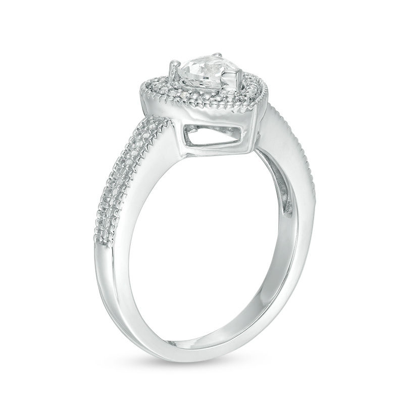 5.0mm Heart-Shaped Lab-Created White Sapphire and Diamond Accent Beaded Frame Vintage-Style Ring in Sterling Silver