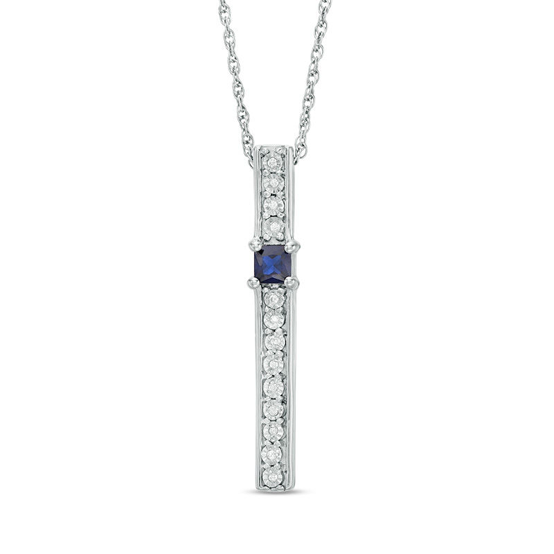 3.0mm Princess-Cut Lab-Created Blue Sapphire and Diamond Accent Bar Pendant in Sterling Silver