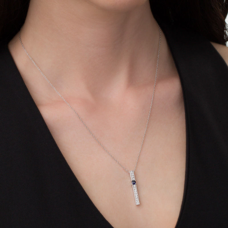 Main Image 2 of 3.0mm Princess-Cut Lab-Created Blue Sapphire and Diamond Accent Bar Pendant in Sterling Silver