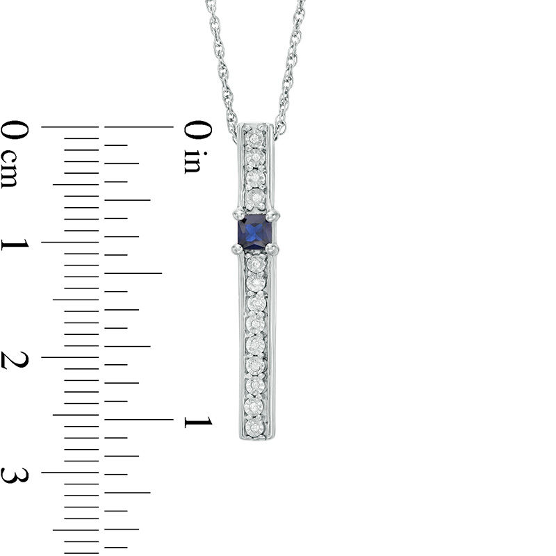 Main Image 3 of 3.0mm Princess-Cut Lab-Created Blue Sapphire and Diamond Accent Bar Pendant in Sterling Silver