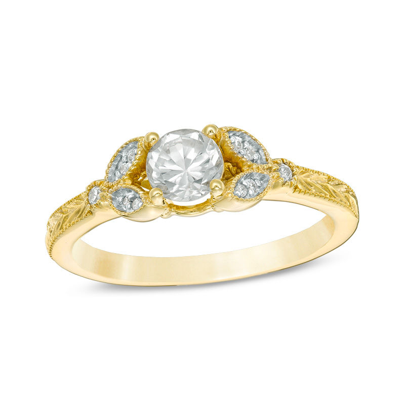 5.0mm Lab-Created White Sapphire and Diamond Accent Leaf Vintage-Style Ring in 10K Gold