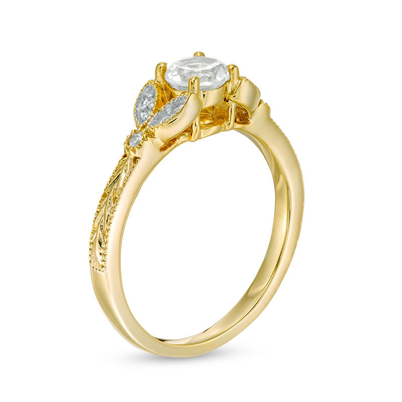 5.0mm Lab-Created White Sapphire and Diamond Accent Leaf Vintage-Style Ring in 10K Gold