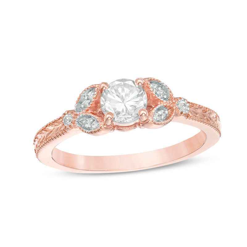 5.0mm Lab-Created Sapphire and Diamond Accent Leaf Vintage-Style Ring in 10K Rose Gold|Peoples Jewellers