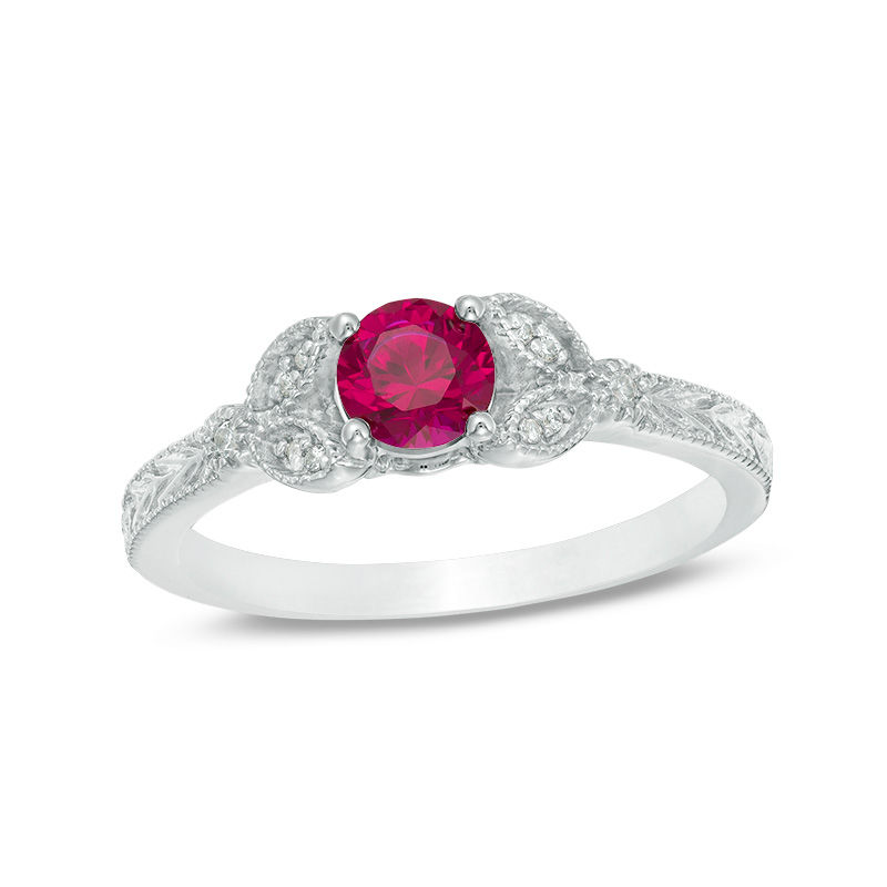 5.0mm Lab-Created Ruby and Diamond Accent Leaf Vintage-Style Ring in 10K White Gold