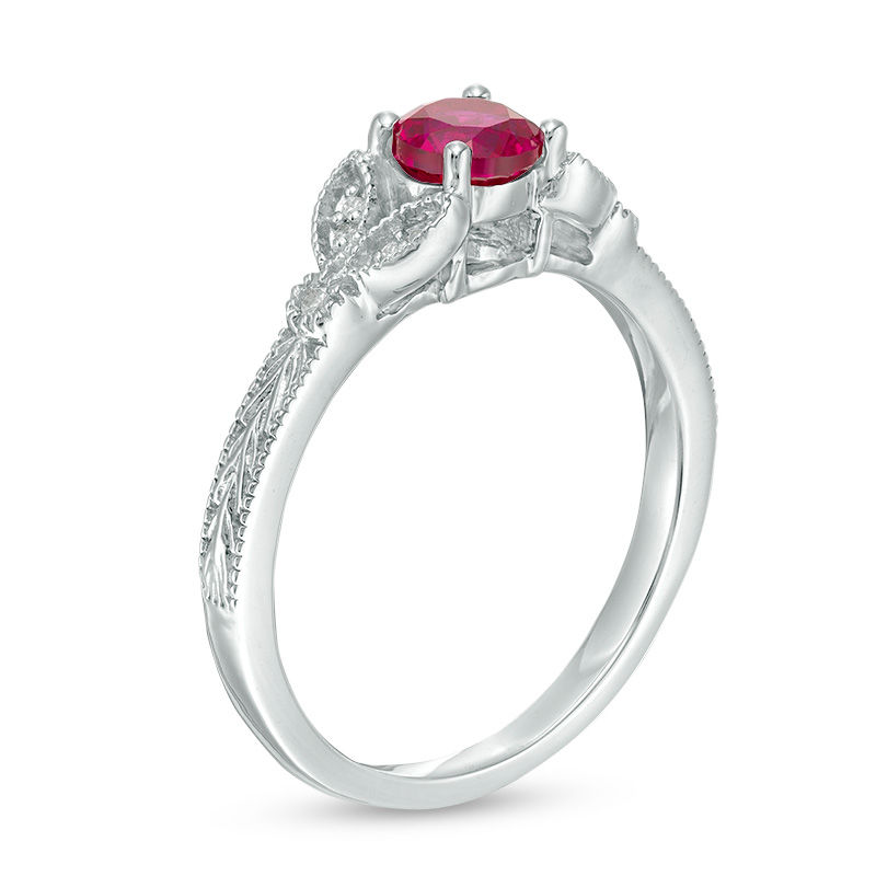 5.0mm Lab-Created Ruby and Diamond Accent Leaf Vintage-Style Ring in 10K White Gold