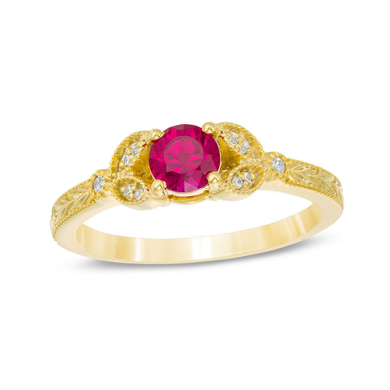 Main Image 1 of 5.0mm Lab-Created Ruby and Diamond Accent Leaf Vintage-Style Ring in 10K Gold