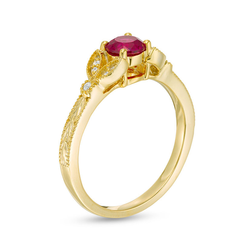 Main Image 2 of 5.0mm Lab-Created Ruby and Diamond Accent Leaf Vintage-Style Ring in 10K Gold