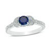 Thumbnail Image 0 of 5.0mm Lab-Created Blue Sapphire and Diamond Accent Leaf Vintage-Style Ring in 10K White Gold