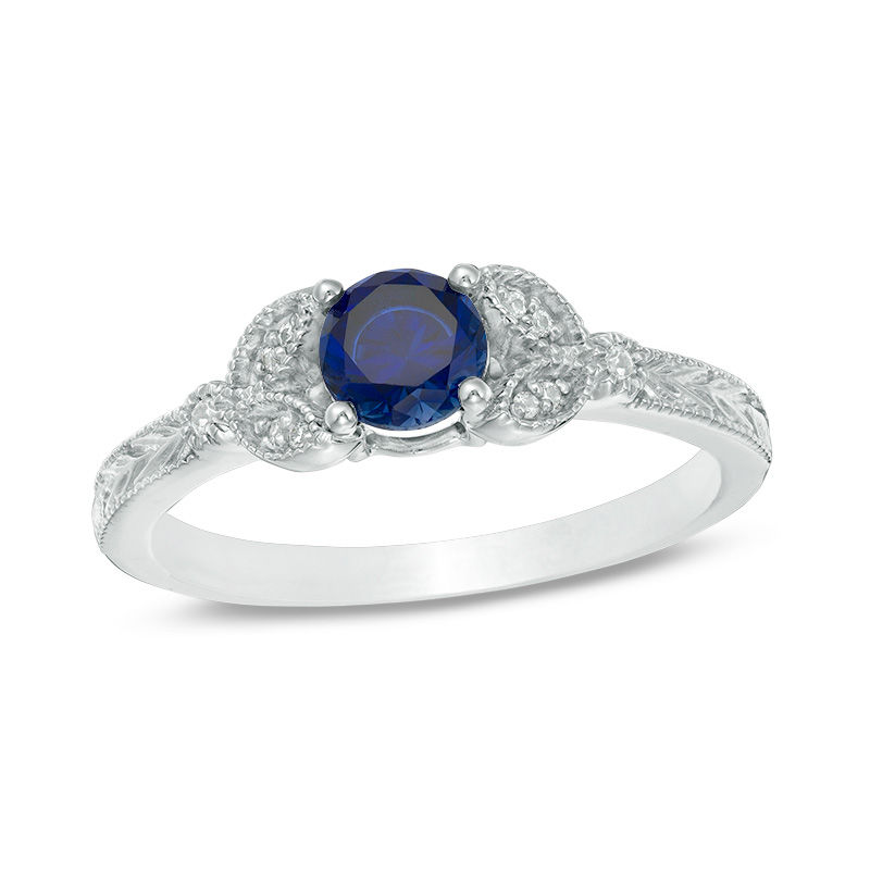 5.0mm Lab-Created Blue Sapphire and Diamond Accent Leaf Vintage-Style Ring in 10K White Gold