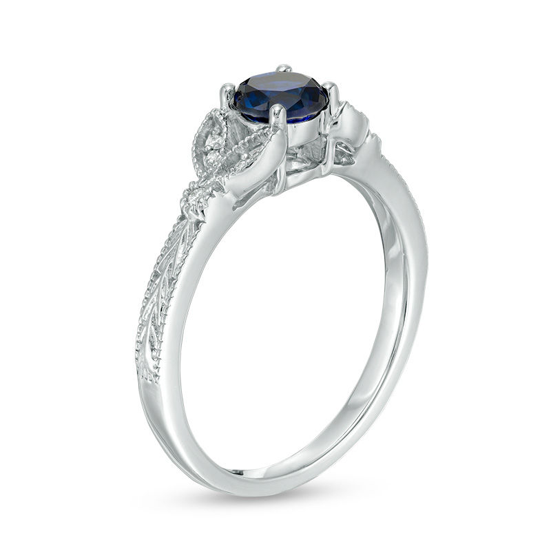 5.0mm Lab-Created Blue Sapphire and Diamond Accent Leaf Vintage-Style Ring in 10K White Gold