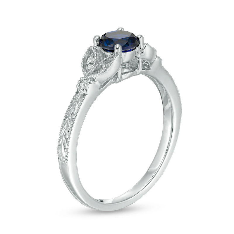 Main Image 2 of 5.0mm Lab-Created Blue Sapphire and Diamond Accent Leaf Vintage-Style Ring in 10K White Gold