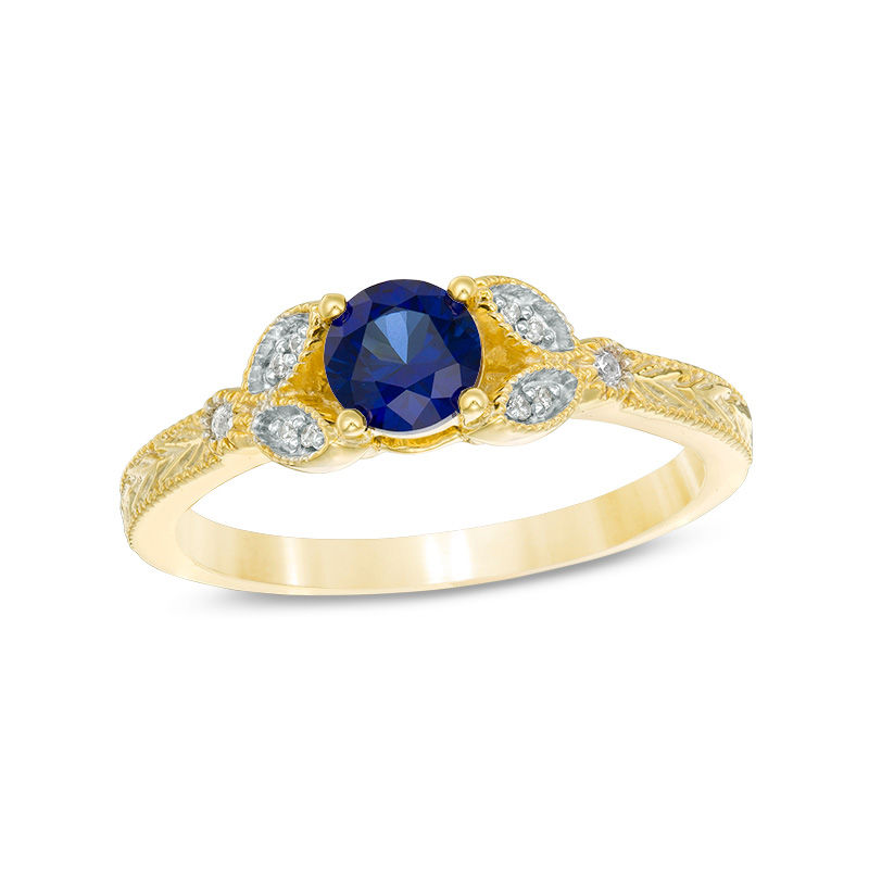Main Image 1 of 5.0mm Lab-Created Blue Sapphire and Diamond Accent Leaf Vintage-Style Ring in 10K Gold