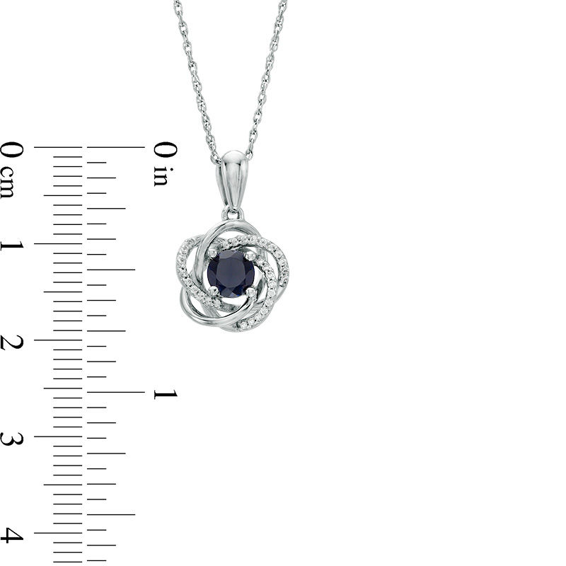 Main Image 2 of 5.0mm Lab-Created Blue Sapphire and 0.087 CT. T.W. Diamond Floral Love Knot Pendant in 10K White Gold