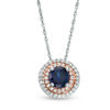 Thumbnail Image 0 of 6.0mm Lab-Created Blue and White Sapphire Double Frame Pendant in Sterling Silver and 14K Rose Gold