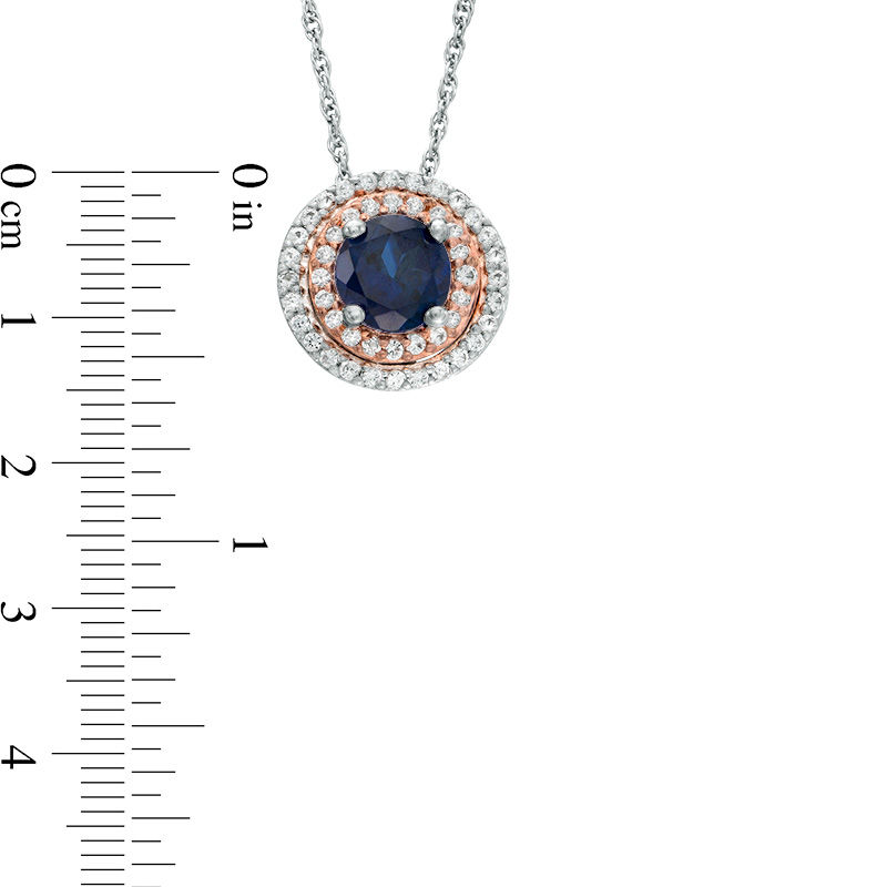 6.0mm Lab-Created Blue and White Sapphire Double Frame Pendant in Sterling Silver and 14K Rose Gold