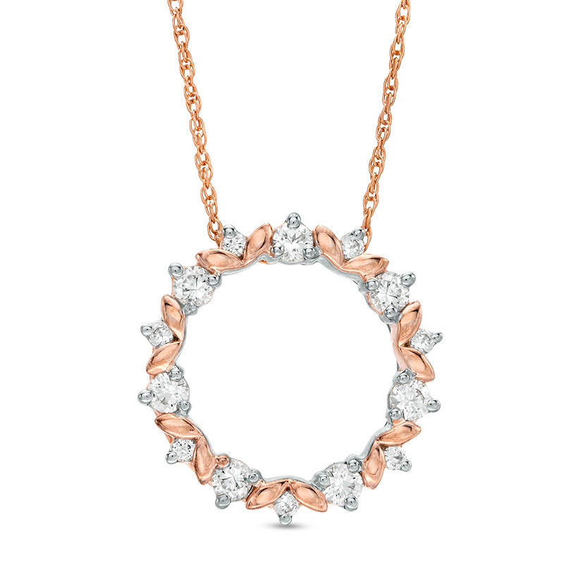 Lab-Created White Sapphire Leaf Motif Circle Pendant in 10K Rose Gold|Peoples Jewellers