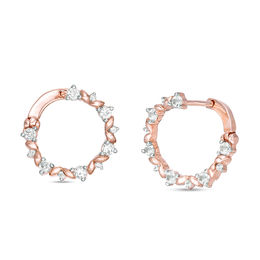 Lab-Created White Sapphire Leaf Motif Circle Hoop Earrings in 10K Rose Gold