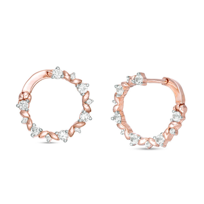 Lab-Created White Sapphire Leaf Motif Circle Hoop Earrings in 10K Rose Gold|Peoples Jewellers