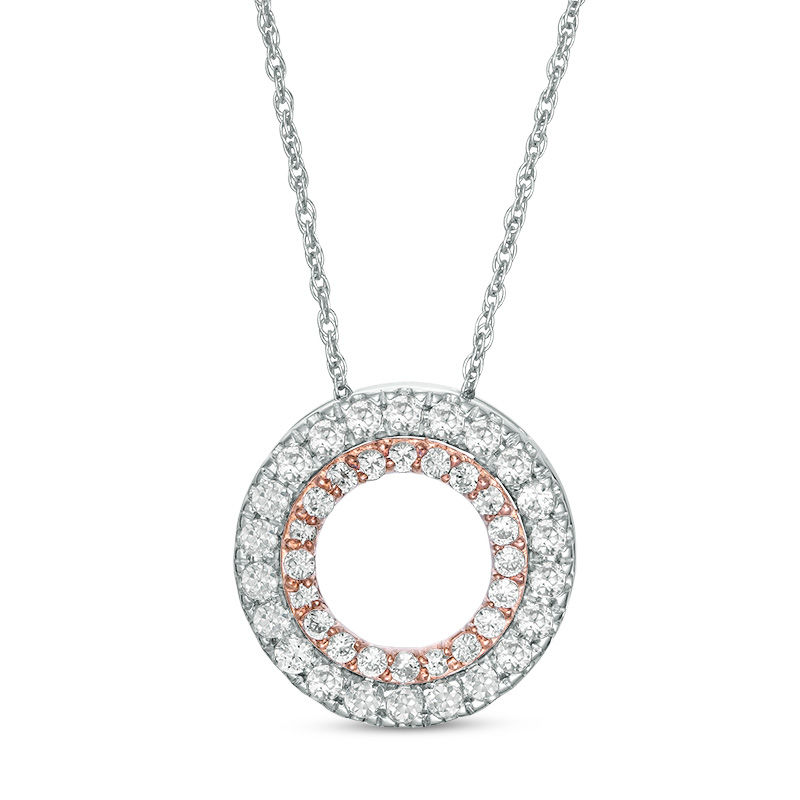 Lab-Created White Sapphire Open Double Circle Pendant in Sterling Silver and 10K Rose Gold