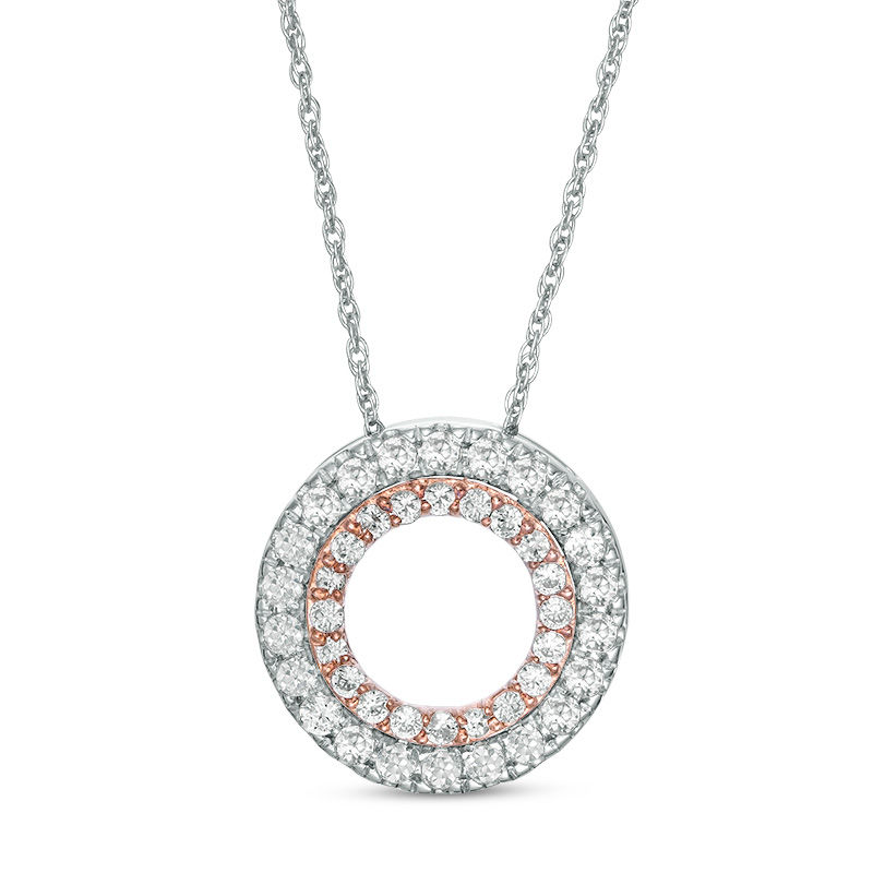 Lab-Created White Sapphire Open Double Circle Pendant in Sterling Silver and 10K Rose Gold|Peoples Jewellers