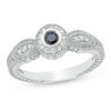 Thumbnail Image 1 of 3.0mm Blue Sapphire and 0.14 CT. T.W. Diamond Frame Leaf Accent Vintage-Style Ring in 10K White Gold