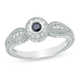 3.0mm Blue Sapphire and 0.14 CT. T.W. Diamond Frame Leaf Accent Vintage-Style Ring in 10K White Gold