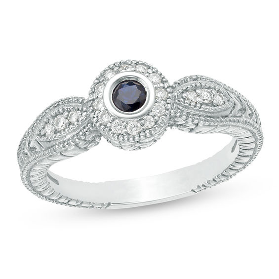 3.0mm Blue Sapphire and 0.14 CT. T.W. Diamond Frame Leaf Accent Vintage-Style Ring in 10K White Gold