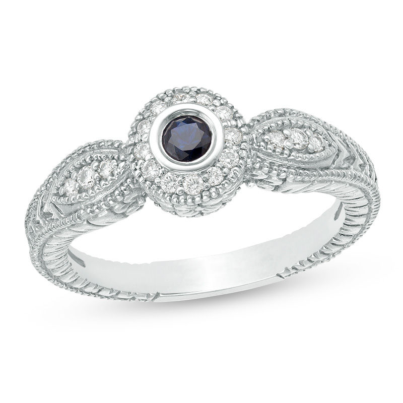 3.0mm Blue Sapphire and 0.14 CT. T.W. Diamond Frame Leaf Accent Vintage-Style Ring in 10K White Gold|Peoples Jewellers