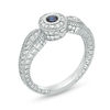 Thumbnail Image 2 of 3.0mm Blue Sapphire and 0.14 CT. T.W. Diamond Frame Leaf Accent Vintage-Style Ring in 10K White Gold