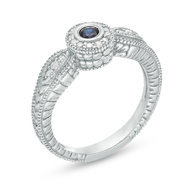 Main Image 2 of 3.0mm Blue Sapphire and 0.14 CT. T.W. Diamond Frame Leaf Accent Vintage-Style Ring in 10K White Gold