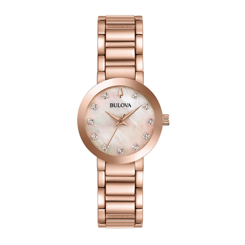 Ladies' Bulova Modern Diamond Accent Rose-Tone IP Watch with Mother-of-Pearl Dial (Model: 97P132)