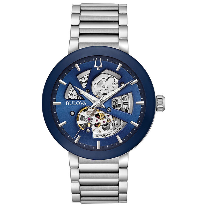 Men's Bulova Modern Automatic Watch with Blue Skeleton Dial (Model: 96A204)