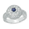 Thumbnail Image 1 of 3.5mm Blue Sapphire and 0.38 CT. T.W. Diamond Ornate Lattice Frame Vintage-Style Ring in 10K White Gold