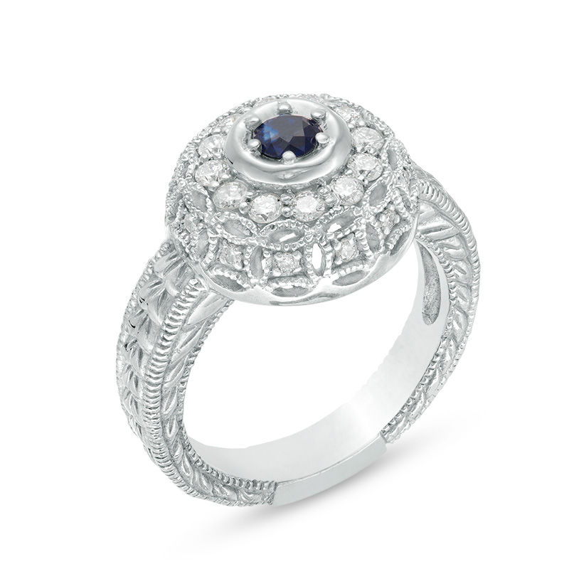 Main Image 2 of 3.5mm Blue Sapphire and 0.38 CT. T.W. Diamond Ornate Lattice Frame Vintage-Style Ring in 10K White Gold