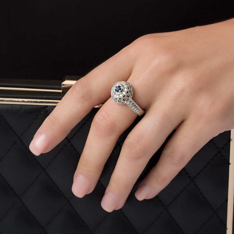 Main Image 3 of 3.5mm Blue Sapphire and 0.38 CT. T.W. Diamond Ornate Lattice Frame Vintage-Style Ring in 10K White Gold