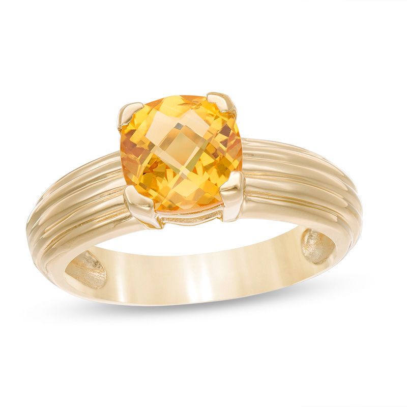7.0mm Cushion-Cut Citrine Solitaire Ribbed Shank Ring in 10K Gold