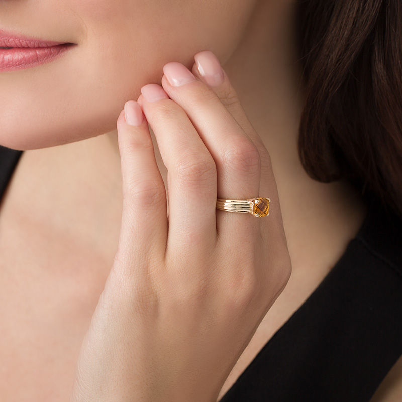 Main Image 3 of 7.0mm Cushion-Shaped Citrine Solitaire Ribbed Shank Ring in 10K Gold