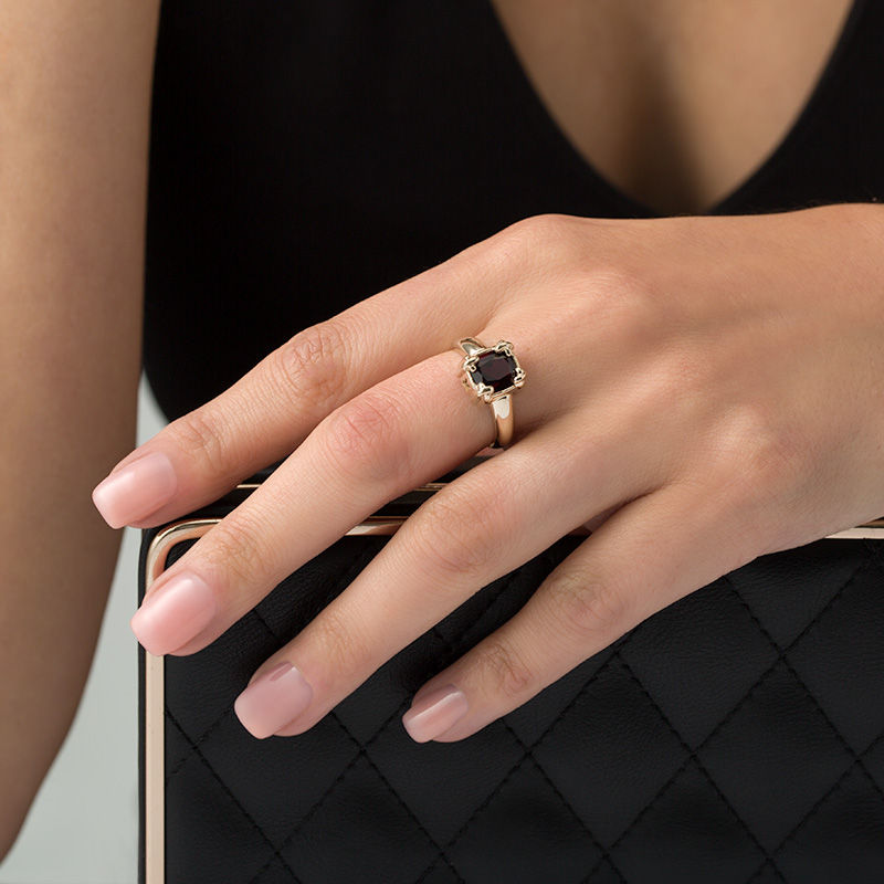 Main Image 3 of Cushion-Cut Garnet "X" Prong Ring in 10K Gold