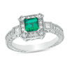 Thumbnail Image 0 of 5.0mm Princess-Cut Lab-Created Emerald and 0.43 CT. T.W. Diamond Three Stone Frame Vintage-Style Ring in 10K White Gold