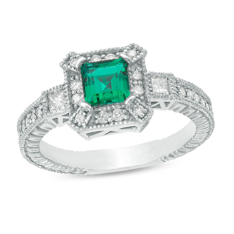 5.0mm Princess-Cut Lab-Created Emerald and 0.43 CT. T.W. Diamond Three Stone Frame Vintage-Style Ring in 10K White Gold