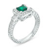Thumbnail Image 1 of 5.0mm Princess-Cut Lab-Created Emerald and 0.43 CT. T.W. Diamond Three Stone Frame Vintage-Style Ring in 10K White Gold
