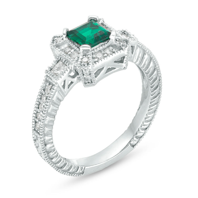 5.0mm Princess-Cut Lab-Created Emerald and 0.43 CT. T.W. Diamond Three Stone Frame Vintage-Style Ring in 10K White Gold