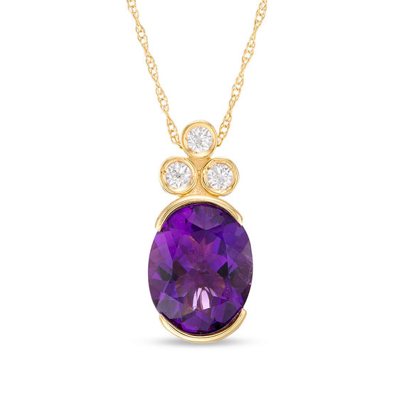 Oval Amethyst and 0.09 CT. T.W. Diamond Tri-Top Pendant in 10K Gold