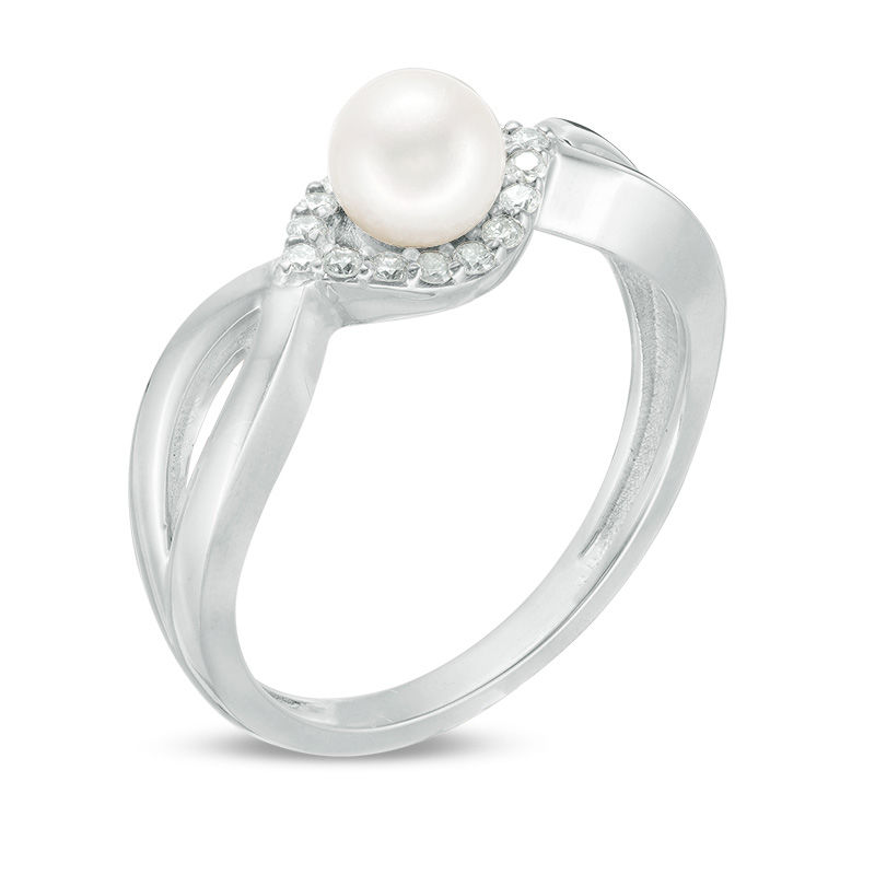 Main Image 2 of 5.0mm Freshwater Cultured Pearl and 0.118 CT. T.W. Diamond Frame Twist Shank Ring in Sterling Silver