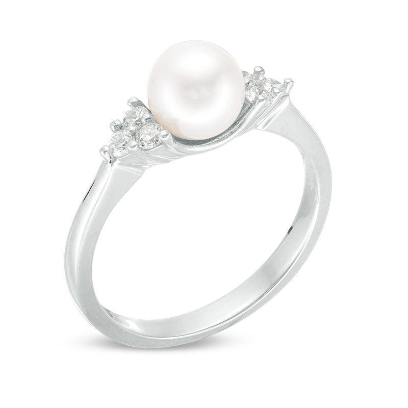 6.5mm Cultured Freshwater Pearl and 0.19 CT. T.W. Diamond Tri-Sides Ring in Sterling Silver