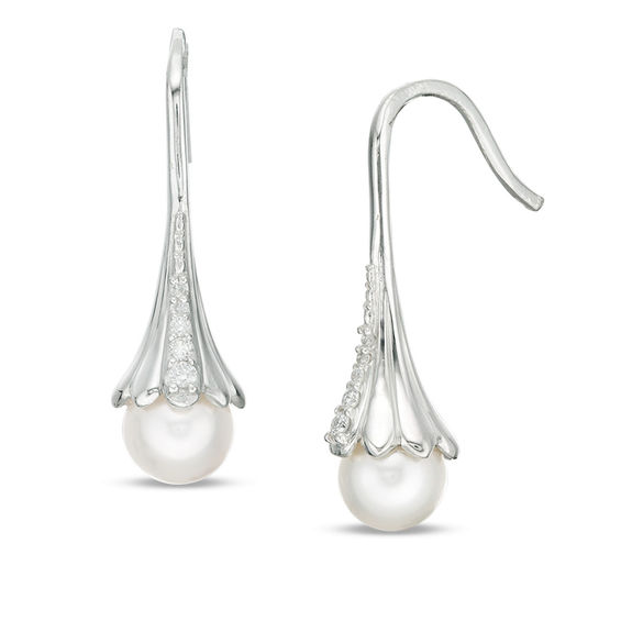 7.0mm Freshwater Cultured Pearl and 0.06 CT. T.W. Diamond Flower Drop Earrings in Sterling Silver