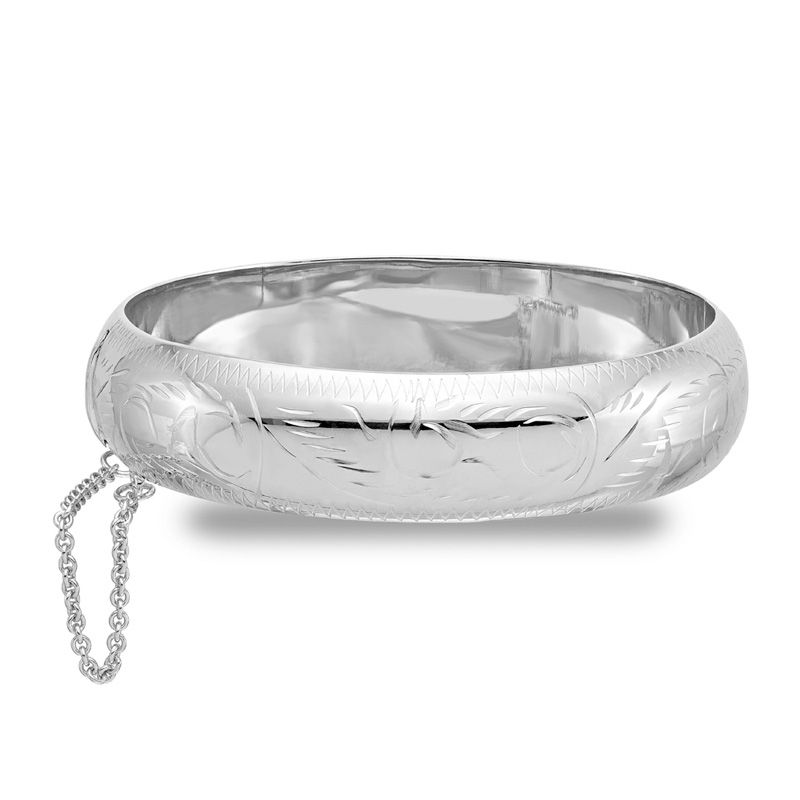 15.0mm Diamond-Cut Pattern Bangle in Sterling Silver with Safety Chain